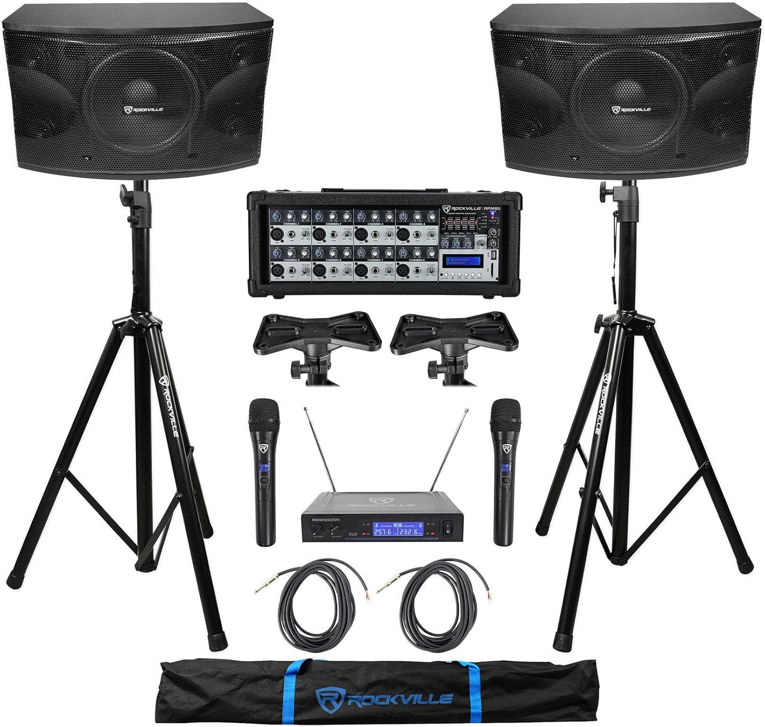 Rockville KPS12 Bundle: (2) 12 in 3-Way Karaoke Speakers, RPM85 Powered Mixer, (2) RVSS2 Tripod Speaker Stands, (2) RVSSA1 Pole Adapters, RWM1203VH Wireless Mic System, (2) 20 ft TS Cables, 10-Items