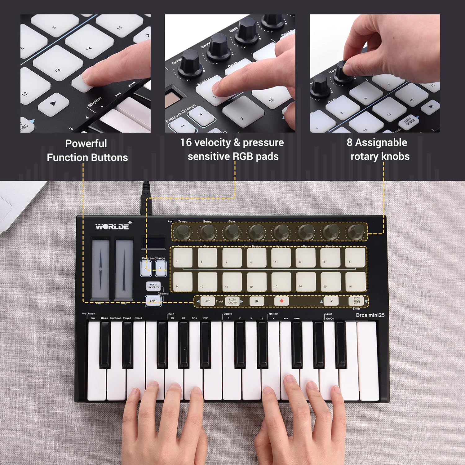 25 Portable 25-Key USB MIDI Keyboard Controller with 16 RGB Backlit Trigger Pads 8 Assignable Control Knobs