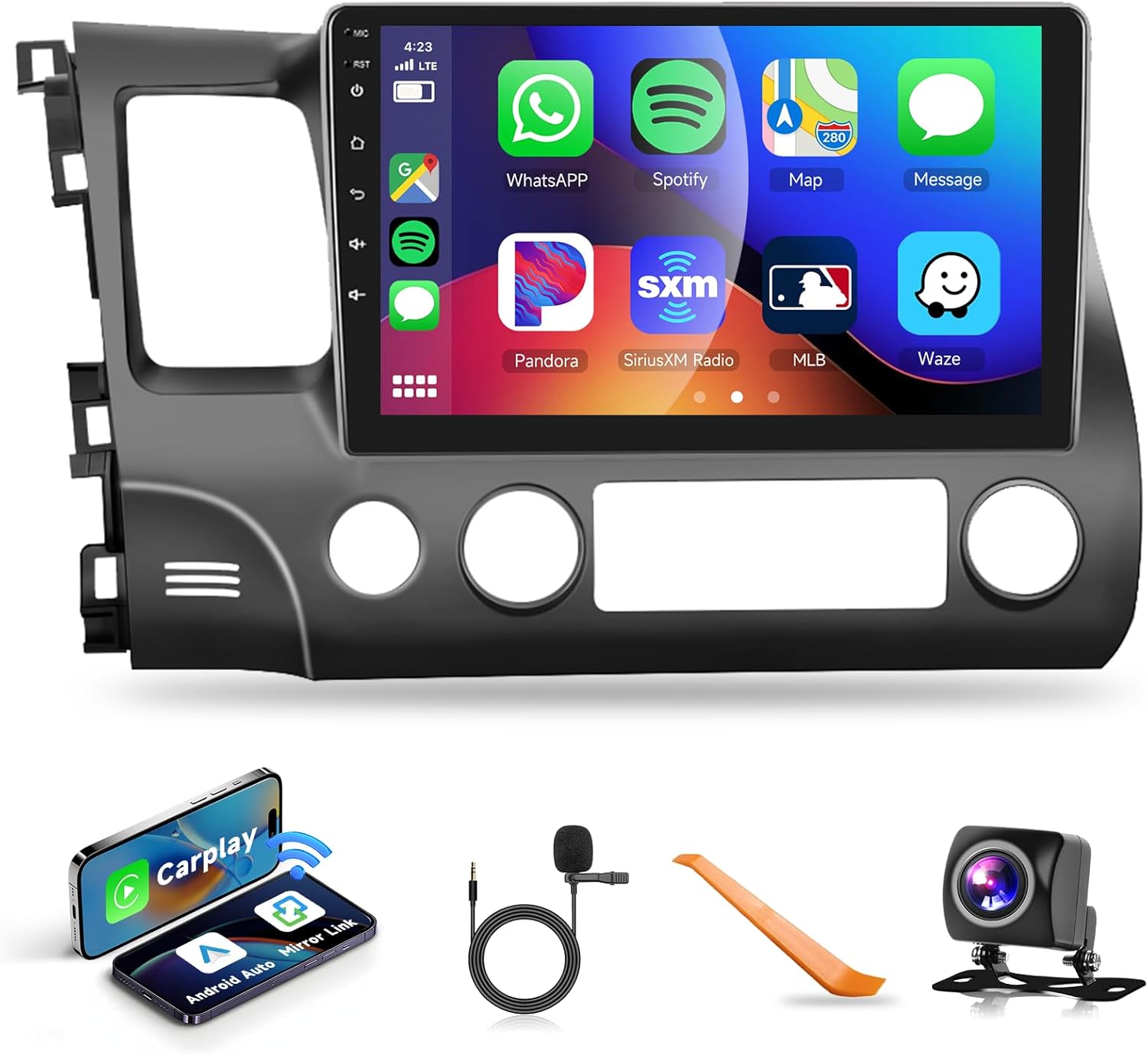 DSP Car Stereo Radio for Honda Civic 2006-2011 with Wireless Carplay Android Auto MirrorLink,Podofo 10.1 inch HD IPS Touch Screen Built-in GPS 26UIs 5.0Bluetooth Car Radio WiFi AHD Backup Camera Mic