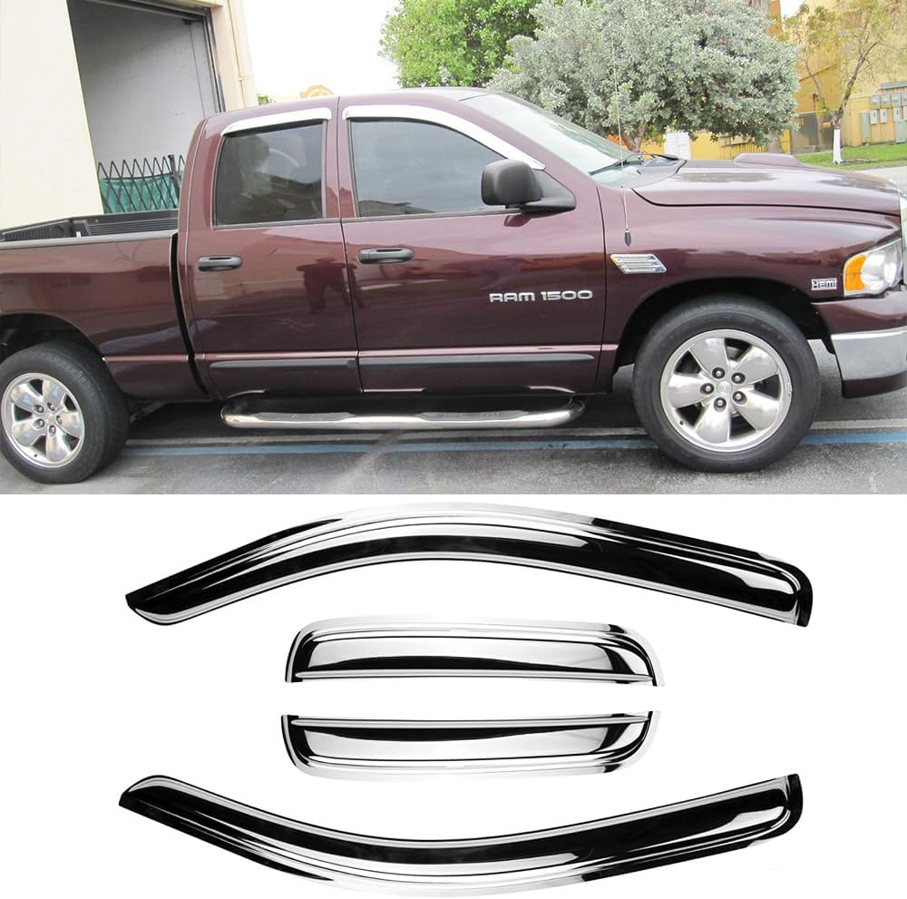 94623Y Chrome Side Window Visor Wind Vent Deflector fit for 02-08 Dodge Ram 1500,03-09 Ram 2500&3500 Quad Cab with 2 Half Size Rear Doors,4pc Outside Mount Style Shade Sun Rain Guards Set