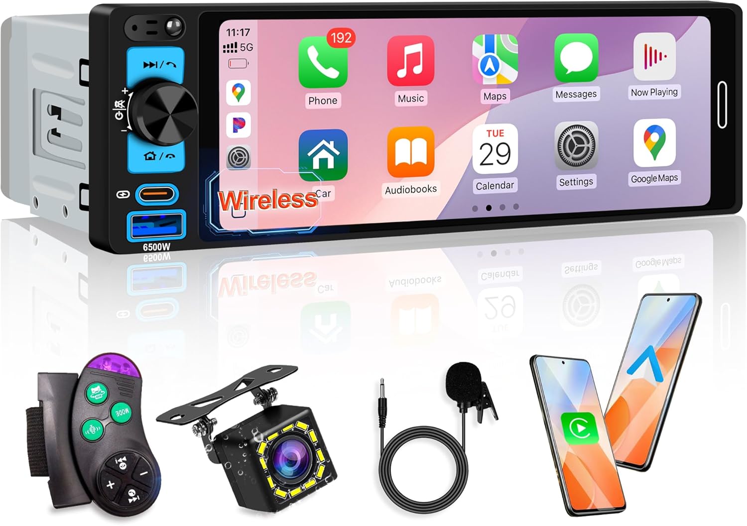 6.5” Single Din Car Stereo Receivers with Wireless Apple CarPlay, IPS Touchscreen 1280x452, Car Bluetooth 5.2, Car Radio FM AM, Backup Camera, USB Type-c Fast Charging, Android Auto, GPS Navigation