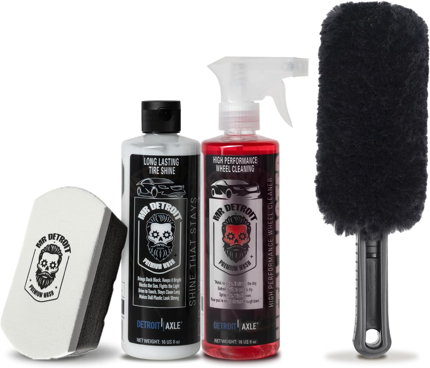 Mr. Detroit - 4pc Car Cleaning Kit with Wheel Cleaner, Tire Shine, Sponge Pad, Wheel and Rim Brush, Multi-Purpose Use, Powerful Formula, Effective Dirt Removal