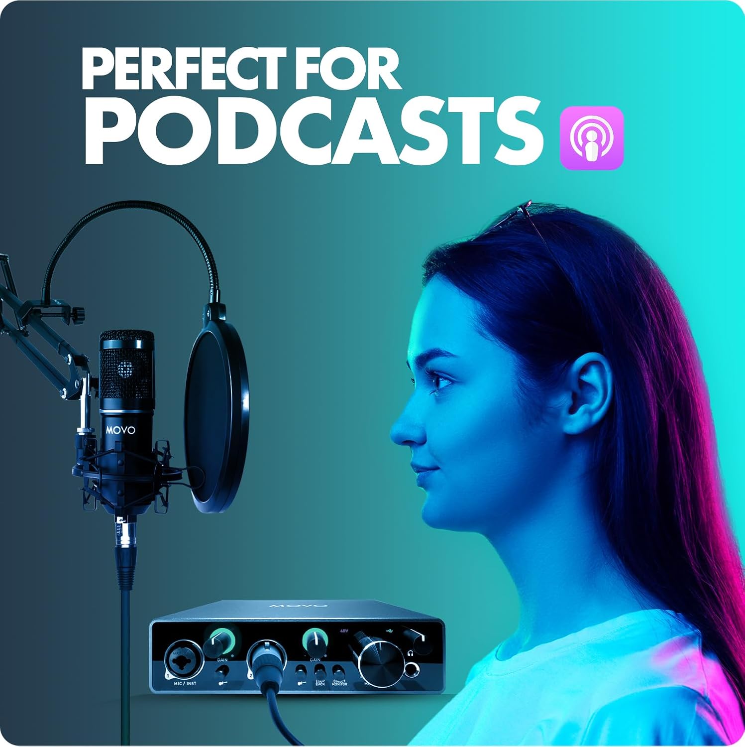 Movo PodPakA Universal Cardioid Condenser Microphone Kit with MDX-1 2x2 Audio Interface with Articulating Scissor Arm Mic Stand - Podcast Equipment Set for YouTube, Podcast, Streaming