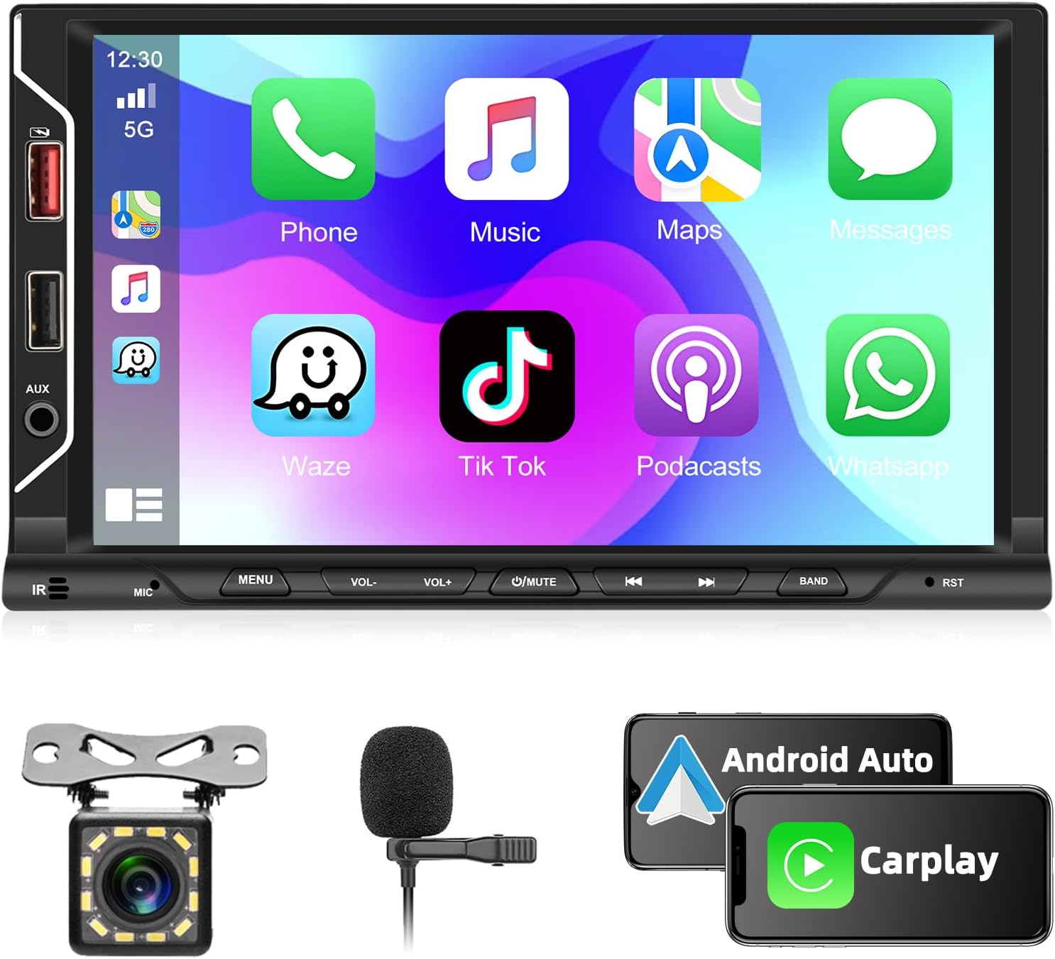 Dual Din Car Stereo with Wireless CarPlay & Android Auto, 7