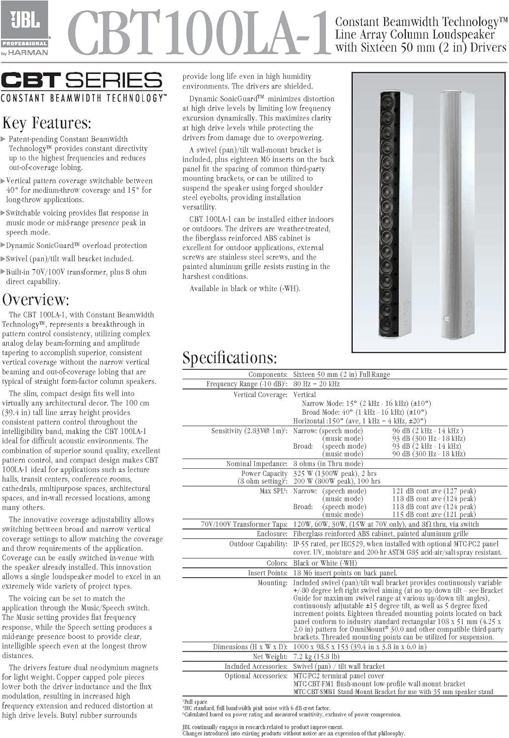 JBL Professional CBT 100LA-1-WH Full Range Line Array Column Loudspeaker with 16 2-Inch Drivers, White