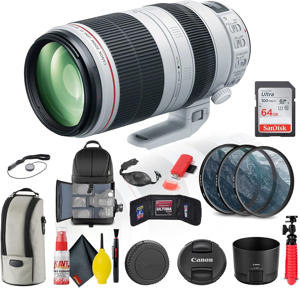 Canon EF 100-400mm f/4.5-5.6L is II USM Lens (9524B002) + Filter Kit + Backpack + 64GB Card + Card Reader + Flex Tripod + Memory Wallet + Cap Keeper + Cleaning Kit + Hand Strap + More (Renewed)