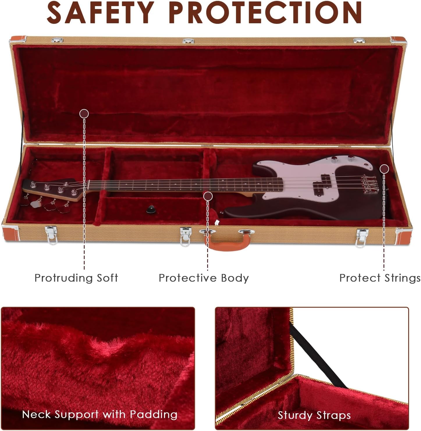 Ktaxon Electric Bass Guitar Hard Case, Wooden Hard-Shell Protective 46