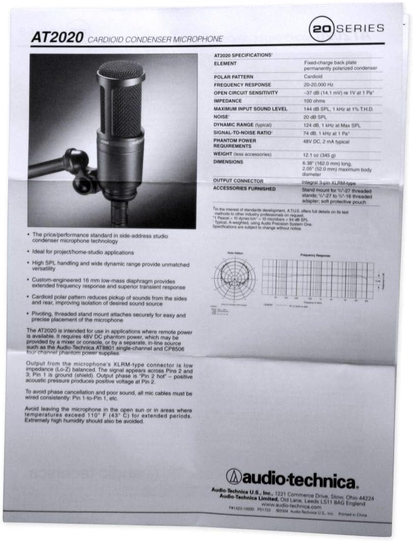 Audio-Technica AT2020 Studio Recording Microphone-Cardioid Condenser Mic Bundle with Rockville PRO-M50 Studio Headphones w/Detachable Coil Cable, Case with Extra Ear Pad
