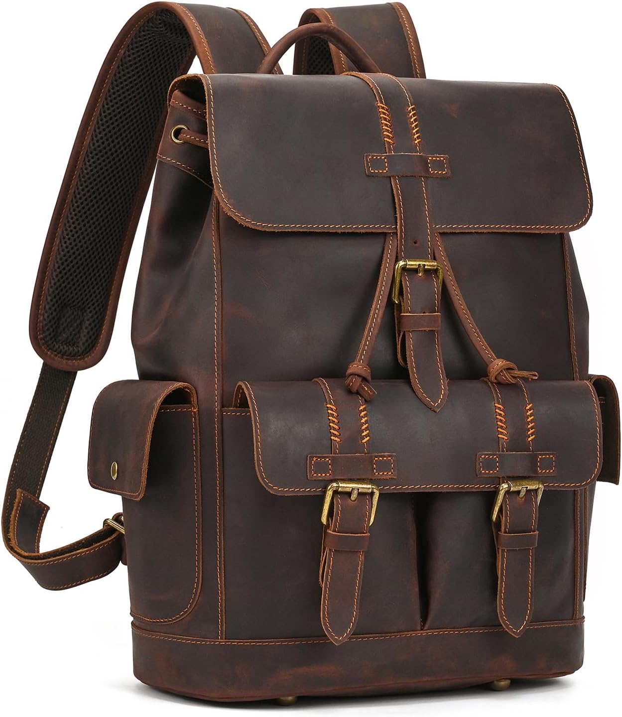 Genuine Leather Backpack for Men Casual 15.6 Inch Laptop Shoulder Bag Rucksack with Anti-Theft Pocket Travel Daypack, Coffee