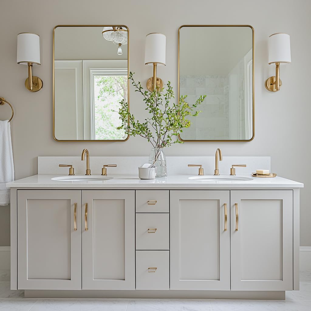 ANDY STAR Gold Bathroom Wall Mirror, 24x36 Inch Rectangle Mirror for Bathroom with Rounded Corner, Brushed Brass Rectangular Vanity Mirror with Anti-Rust Tube Metal Frame, Contemporary, Wall Mount