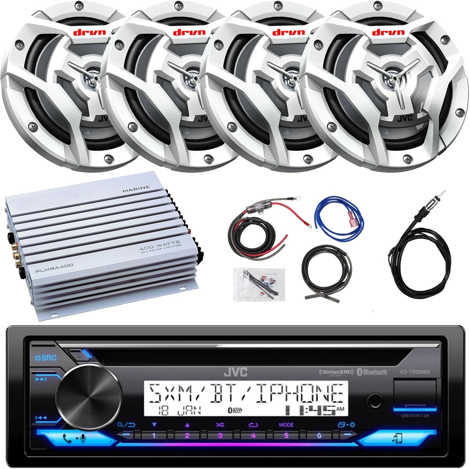 JVC KD-T92MBS Single DIN Marine CD Player USB AUX Receiver Bundle Combo with 4X 6.5 150W 2-Way Coaxial White Audio Speakers + 4-Channel Waterproof Marine Amplifier + Antenna + Amp Wiring Kit