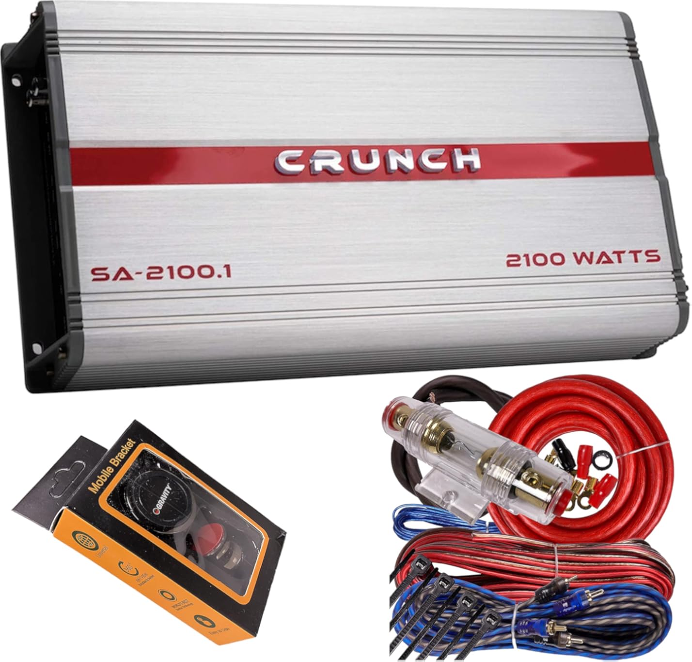 Crunch SA-2100.1 Smash Series 2,100-Watt Monoblock Class AB Amp Car Audio Sound System Subwoofer Speaker Amp Amplifier with Gravity Magnet Phone Holder and 4 Gauge Kit Red Bundle