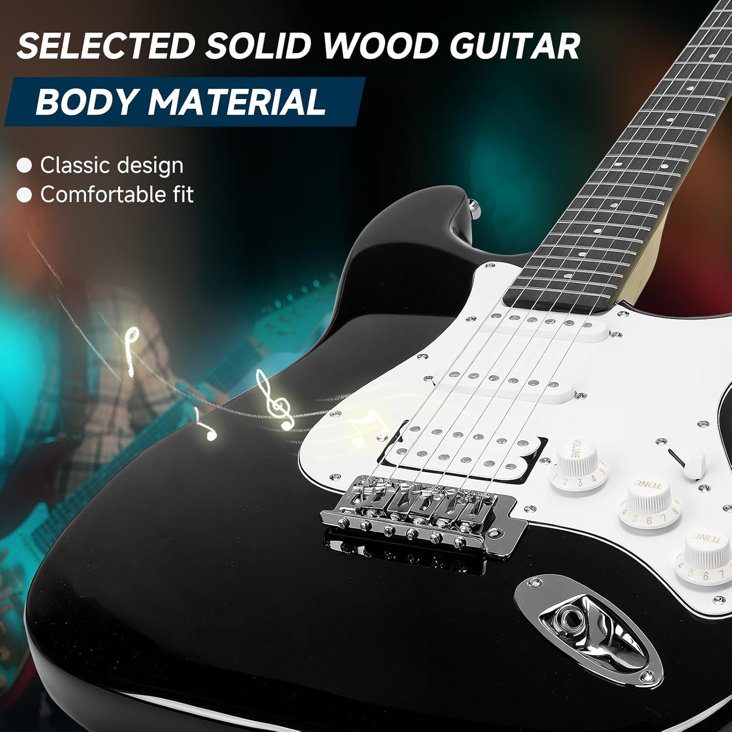 39 Inch Electric Guitar Solid Body Full Size HSS Electric Guitar Beginner Kit for Starter, with Amplifier, Bag, Capo, Strap,Cable, Picks, Black