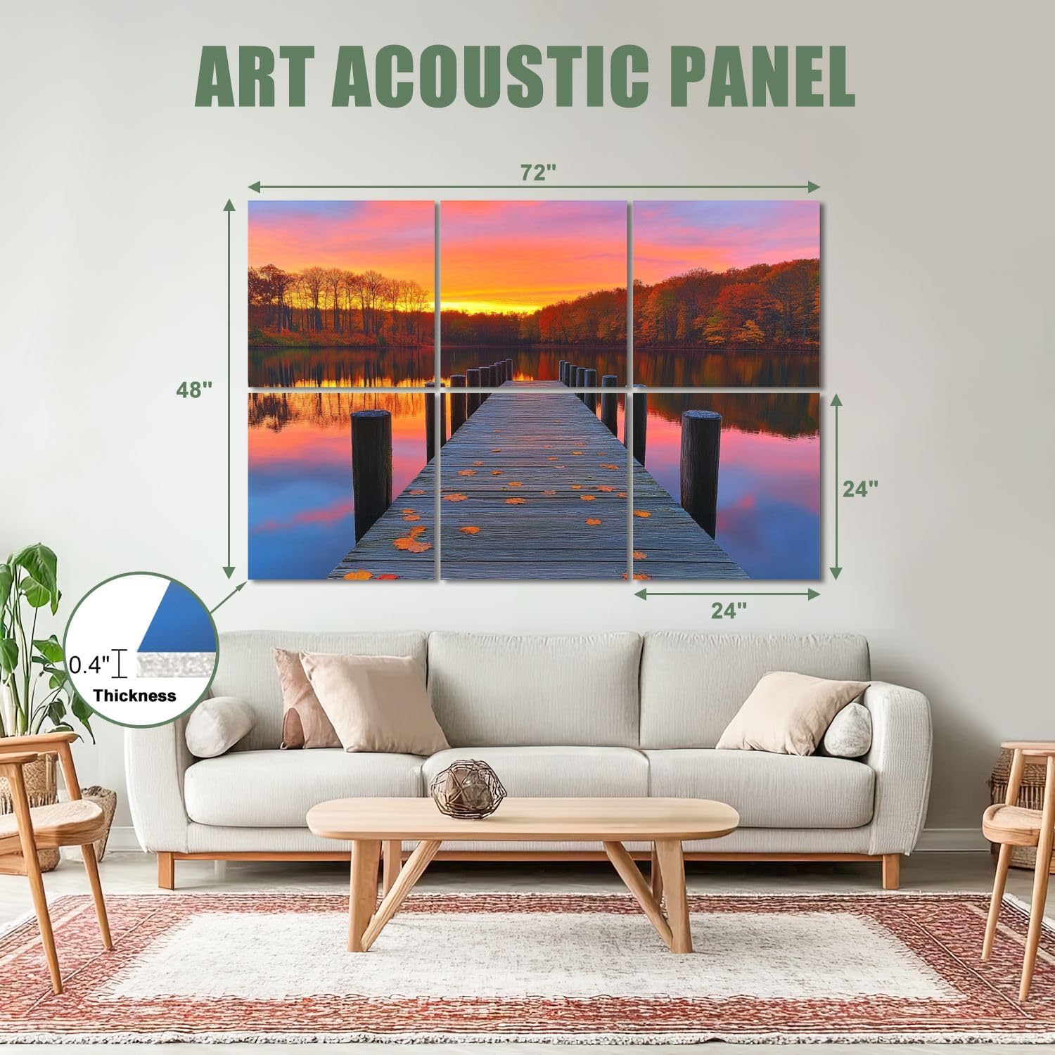 6 Pack Art Acoustic Panels Sound Absorbing Autumn Wooden Pier Leaves Calm Lake Sunset Forest Watercolor Realistic Decorative Soundproof Wall Panels Self Adhesive for Recording Studios Office 72