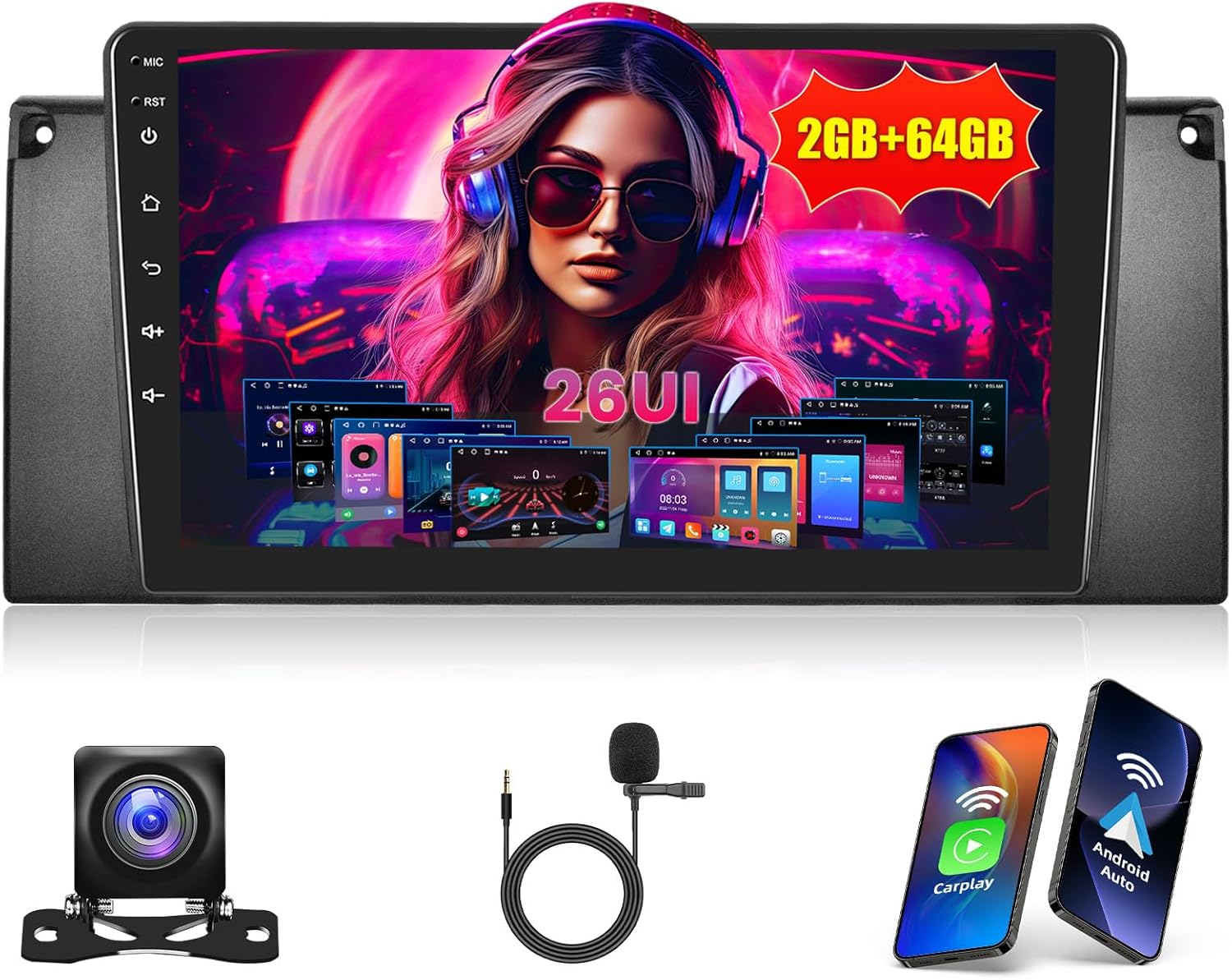 [2G+64G] Android 15 Car Radio for BMW 5 Series X5 E39 E53 M5 1996-2006 with Wireless Carplay Android Auto, 9 Inch HD Touchscreen Car Stereo with GPS WiFi FM/RDS EQ SWC 26UI Backup Camera MIC