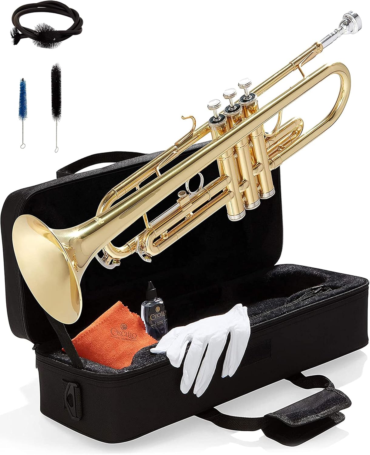 Mendini By Cecilio Bb Standard Trumpet Set for Beginners - Brass Student Trumpet Instrument with Hard Case, 7C Mouthpiece, Valve Oil, Cleaning Cloth, Gloves and Maintenance kit (Golden)
