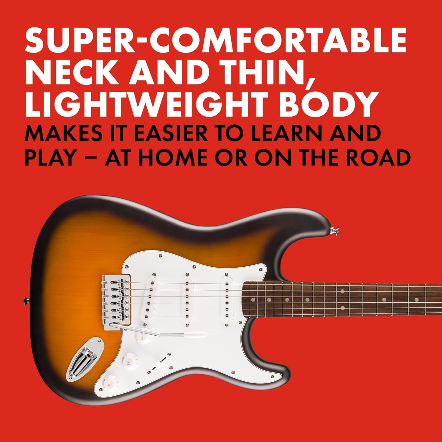 Fender Squier Debut Series Stratocaster Electric Guitar Bundle with Fender FT-1 Clip On Tuner, 2-Color Sunburst Guitar with Matte Finish