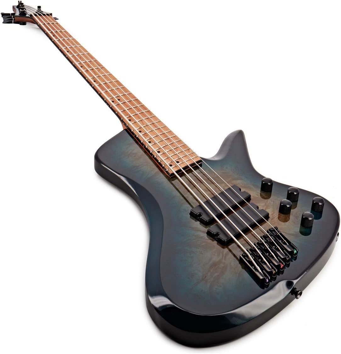 Electric Bass Guitar, Upgrade 5 String Fanned Fret Blue Burst Electric Bass Guitar, Basswood Body, Roasted Maple Neck Fingerboard