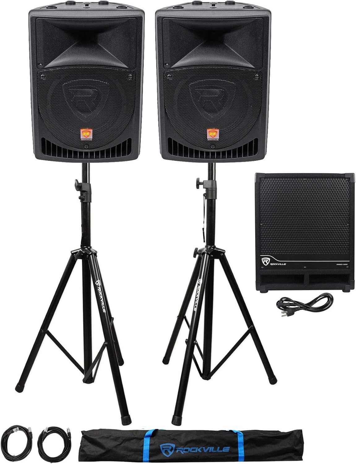 Rockville RPG8 Bundle: (2) 8-in 400-Watt Powered Active 2-Way DJ PA Speakers, RBG12S 1400-Watt 12-in Active Subwoofer, 2 Adjustable Tripod Stands, 2 XLR Cables, Complete Pro Audio System, 5-Items