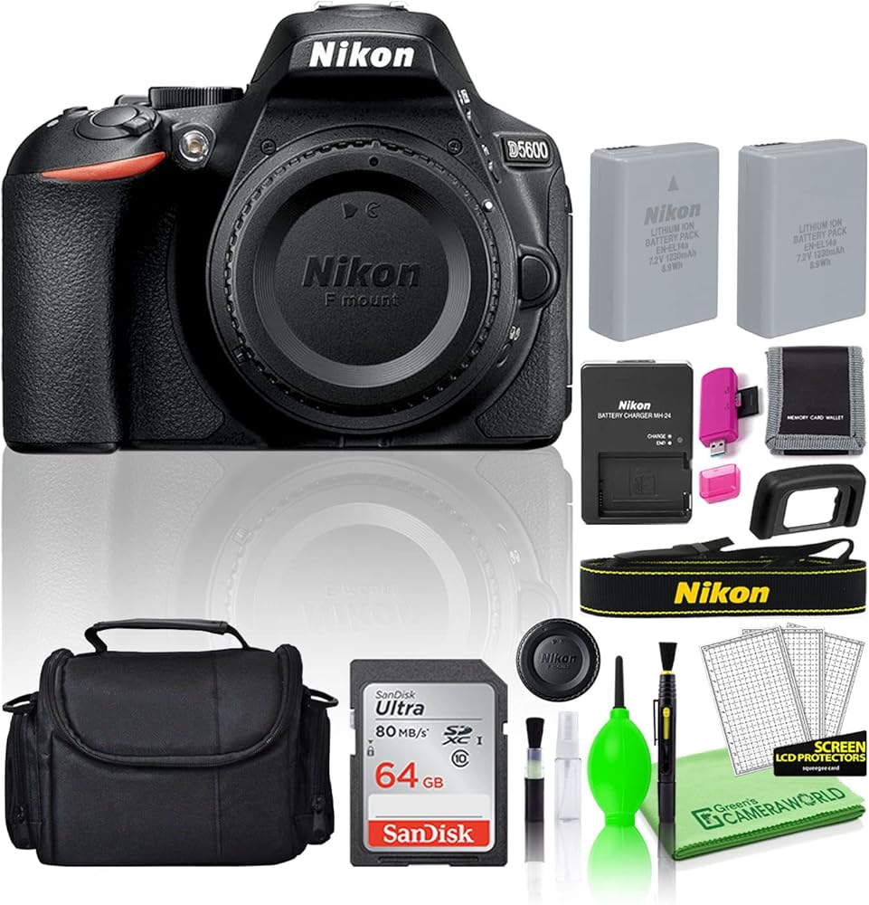 Nikon D5600 24.2MP DSLR Digital Camera (Body Only) (1575) Deluxe Beginner Bundle Kit -Includes- Sandisk 64GB SD Card + Large Camera Gadget Bag + Spare Battery + Deluxe Cleaning Kit + More