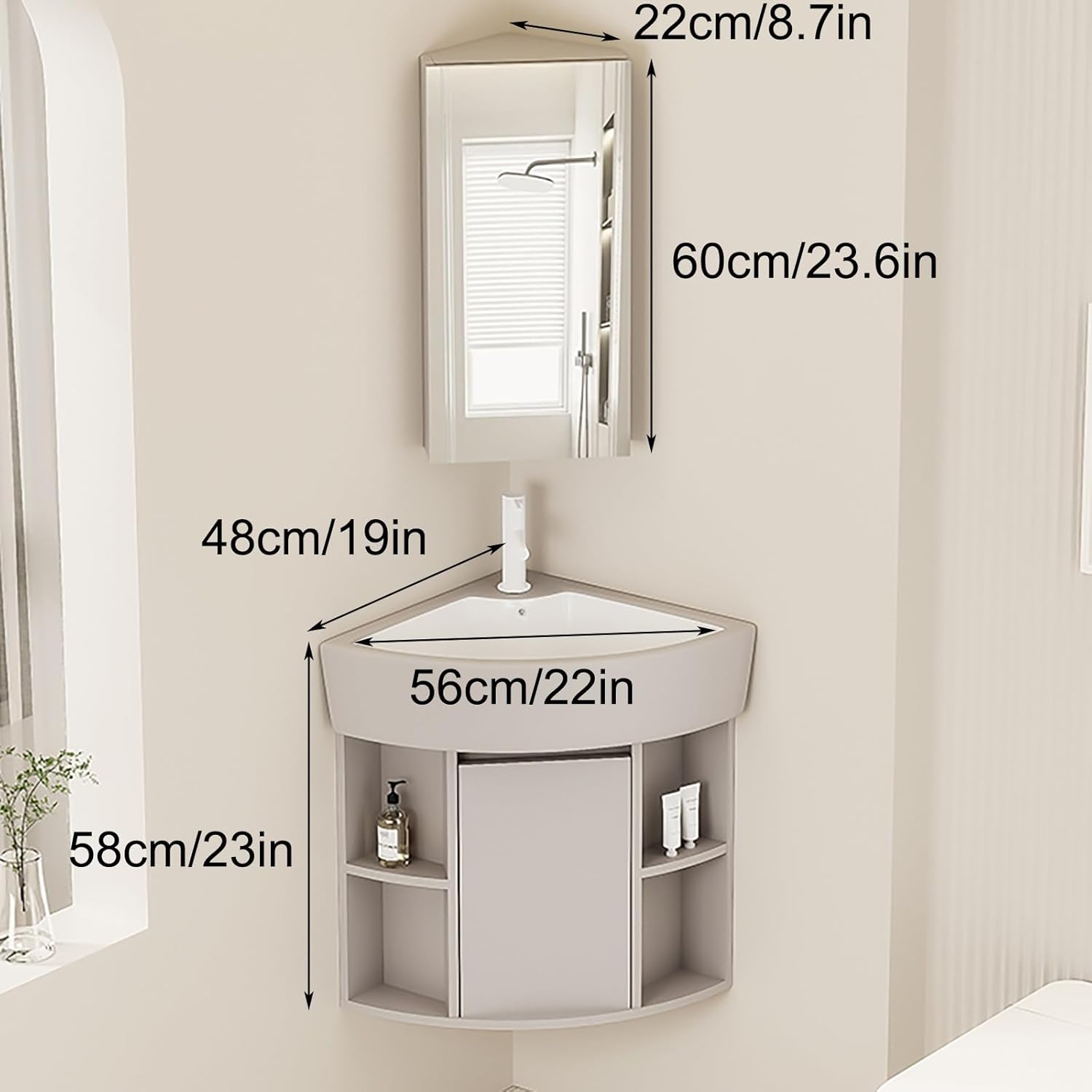 Wall Mount Corner Sink, Triangle Ceramic Wall Mount Sink with Storage Space, Corner Vanity with Mirror, Faucet, Accessories, for Small Space(48 * 48cm/19 * 19in)