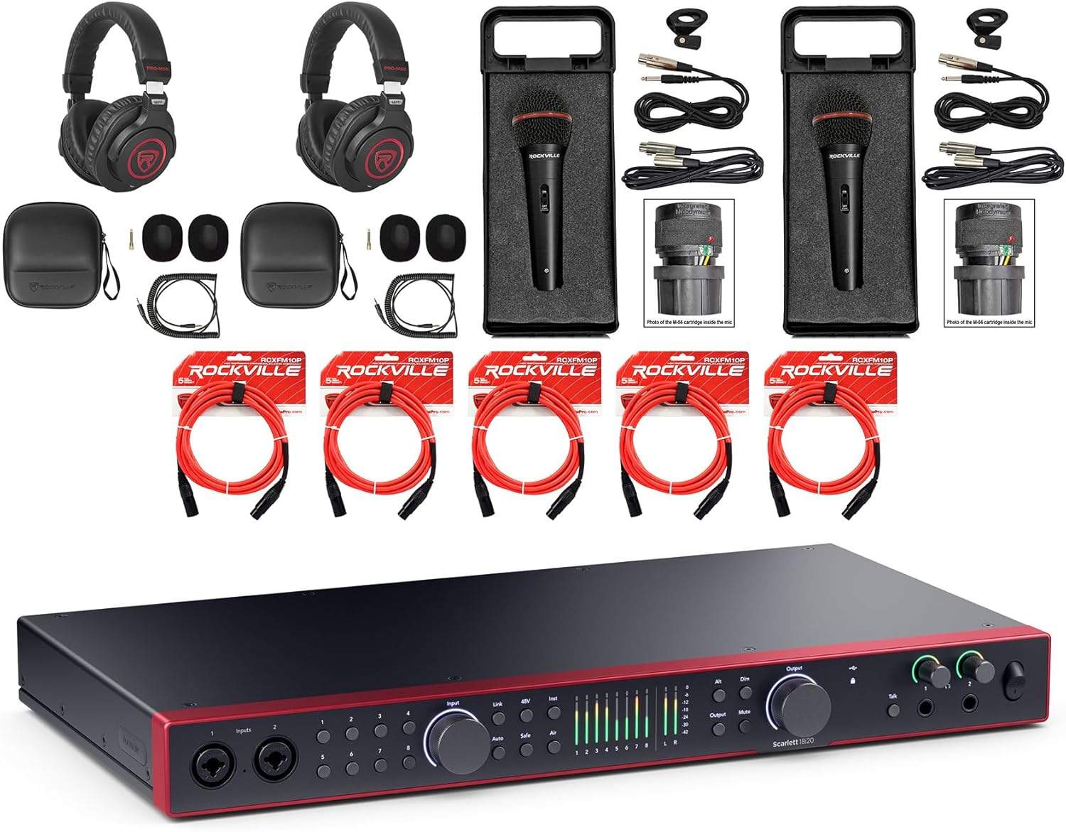 Audiosavings Bundle: Focusrite SCARLETT 18I20 4G Audio Interface Bundle with (2) Rockville PRO-M50 Headphones, (2) RMIC-SR Mics & (5) RCXFM10P-R XLR Cables (10 Items)