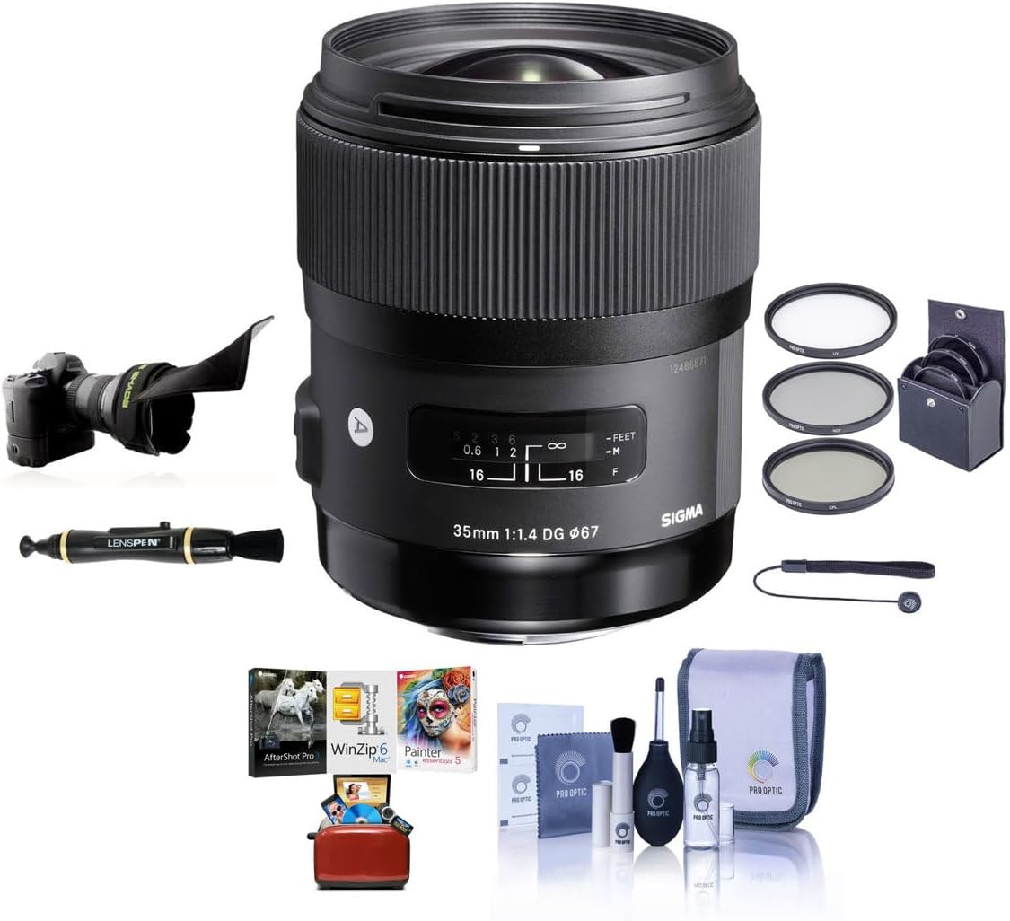 Sigma 35mm f/1.4 DG HSM Art Lens for Nikon F, Bundle with ProOptic 67mm Filter Kit, Flex Lens Shade, Cleaning Kit, Lens Cap Tether, Lens Cleaner, Mac Software Kit