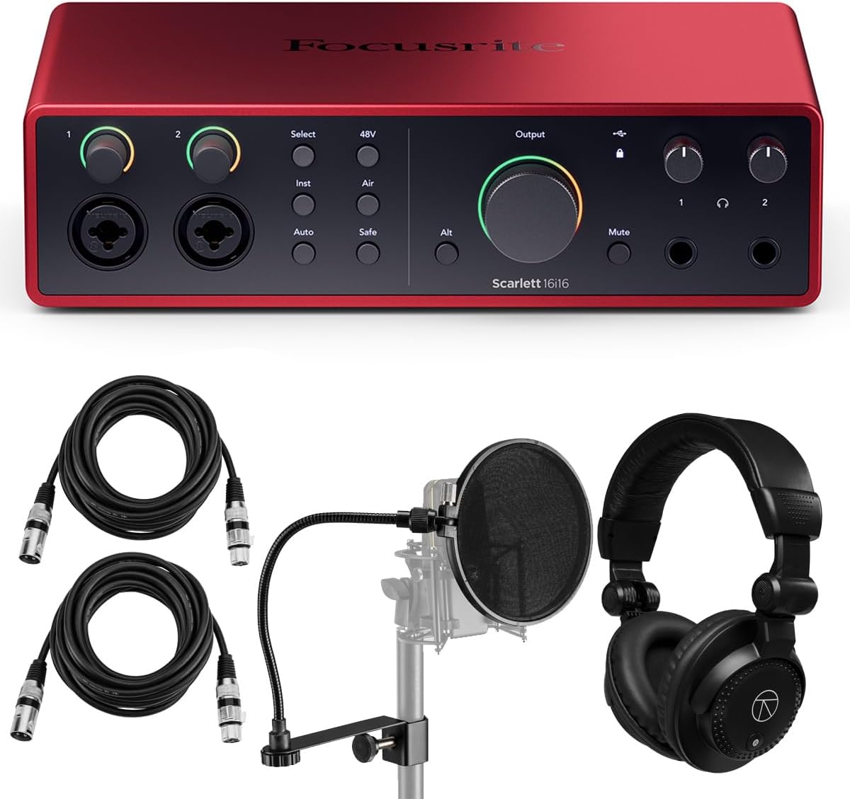 Focusrite Scarlett 16i16 4th Gen USB Audio Interface with Software Suite, Bundle with TAPH100 Monitor Headphones, Pop Filter, 2x 15' XLR Male to Female Cable