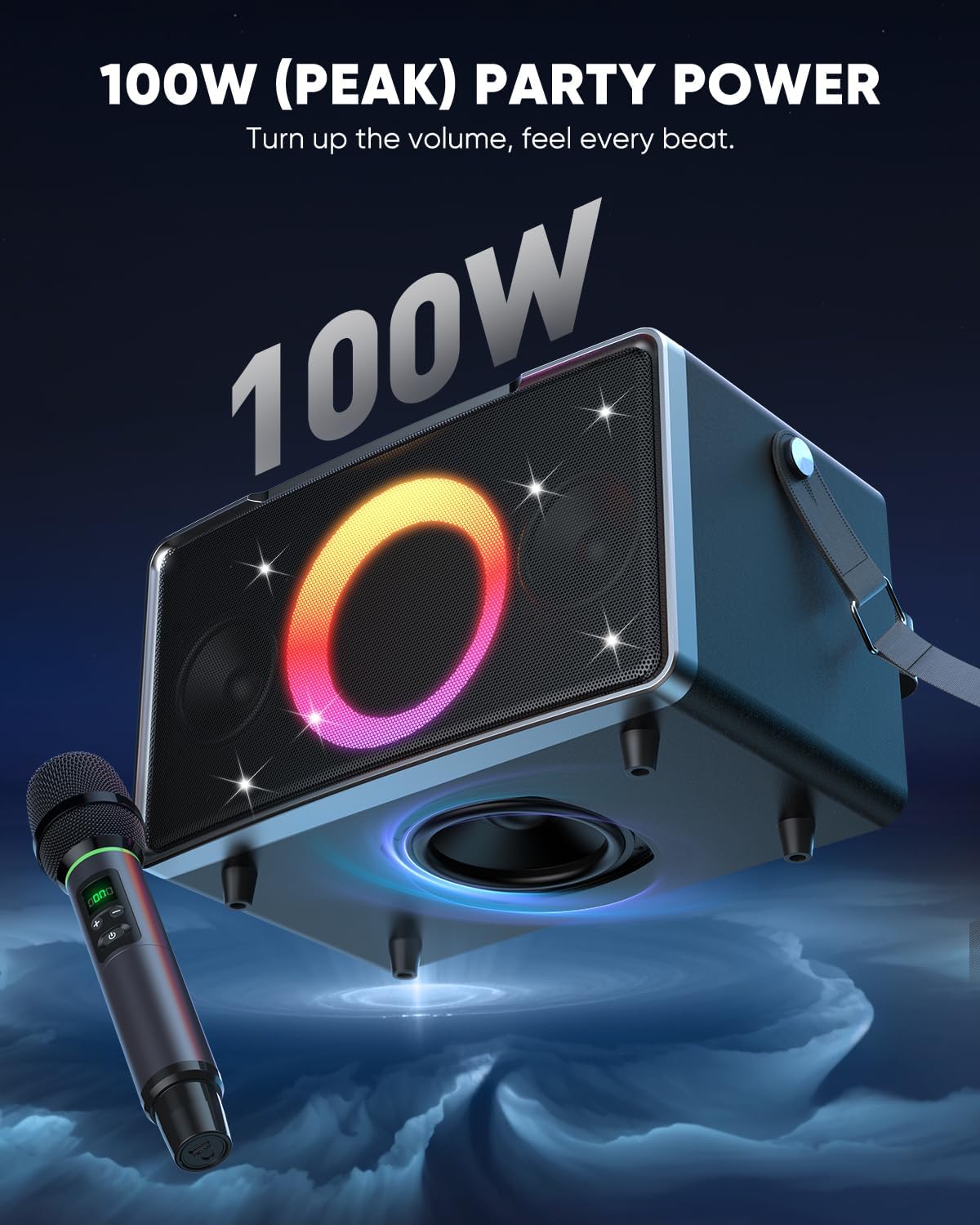 GFEEN Portable Bluetooth Speaker: 100W Peak, Deep Bass, 15H Playtime, Large Party Wireless Speakers, Powerful Loud Sound, Light Show, Fast Charging for Outdoor, Backyard, Home(Silver with 1Mic)