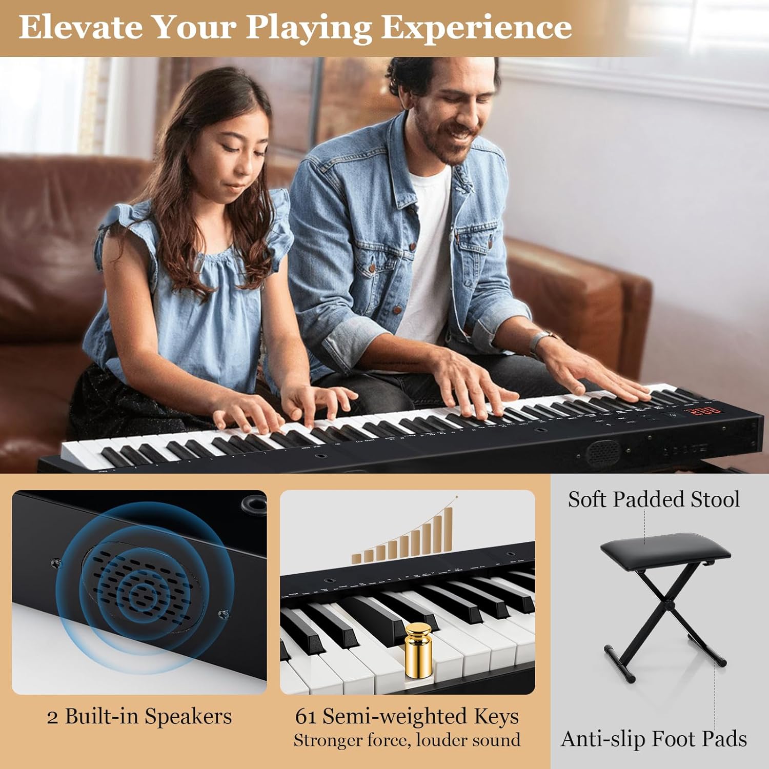 61 Key Keyboard Piano, Semi Weighted Digital Pianos with Adjustable & Folding Stand and Stool, Sustain Pedal