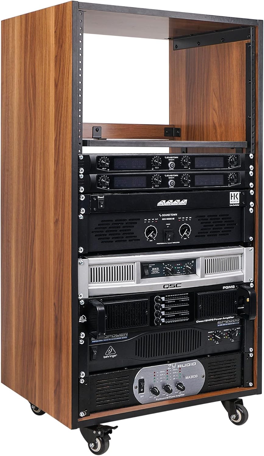 Sound Town DIY 20U Studio Rack with Furniture Grade Walnut Laminate, Rubber Feet, Casters (SDRK-20WN)