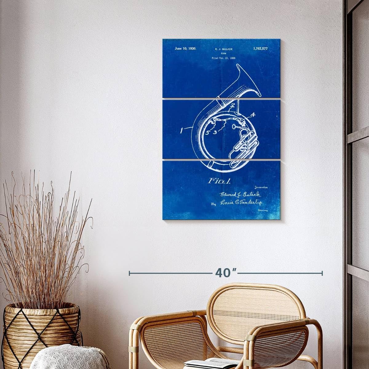 Elephant Stock - Faded Blueprint Sousaphone Patent Poster Wall Art - Vertical Multi Panel Canvas - 3 Piece Mancave Wall Decor - Drawing Music Blueprints Multi Piece Wall Art - Blue And White Decor by Cole Borders - 24