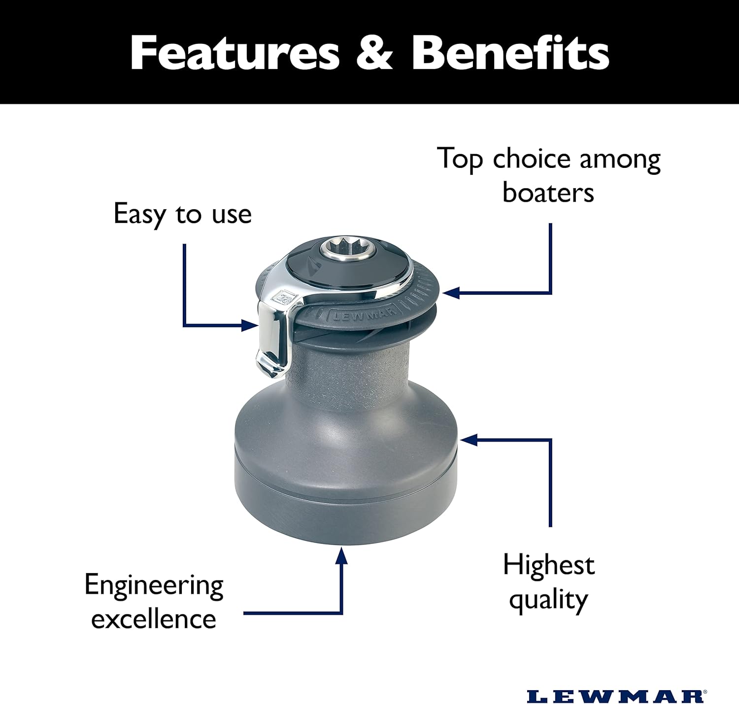 Lewmar Ocean Self Tailing Winch 16CST Single Speed in Aluminum – Single Speed Size 16 Winch, Gear Ratio 2:1, Power Ratio 15.8:1, Measures 4-3/4