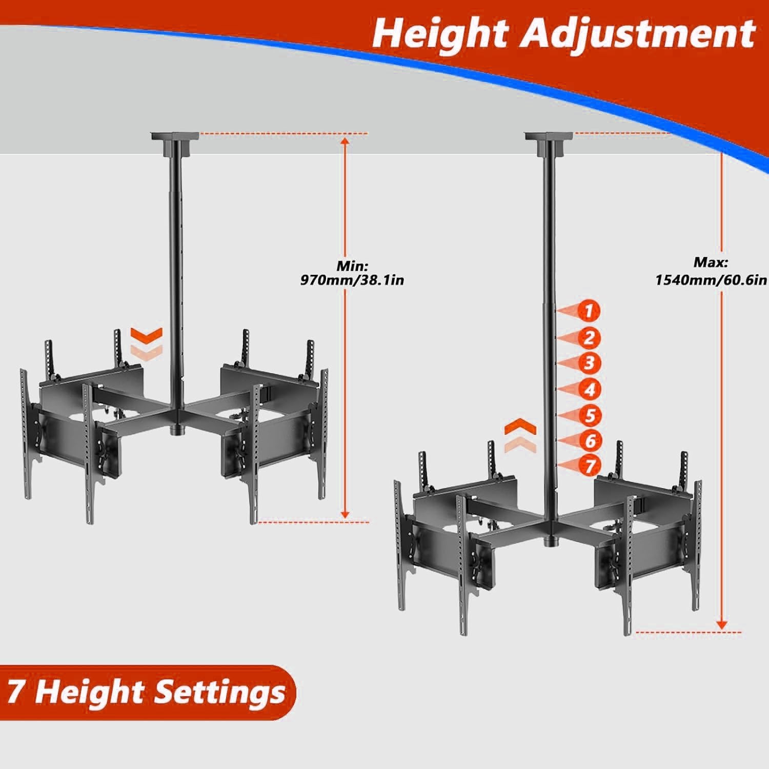 4 Sides Ceiling TV Mount Bracket - Tv Wall Mount, 360° Rotating Telescopic TV LIF, Height Adjustment TV Hanger, 4 Movement Flat/Curved Screen Bracket, Hanging Roof Bracket