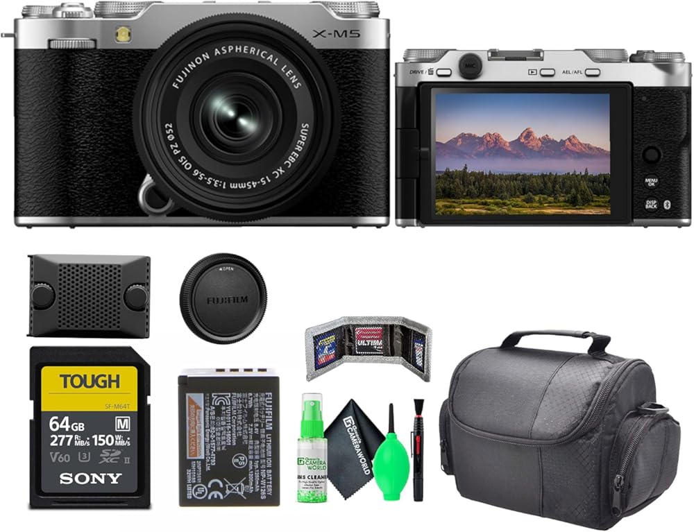 Fujifilm X-M5 Mirrorless Digital Camera with Fuji XC 15-45mm f/3.5-5.6 OIS PZ Lens Kit - Silver Bundle with 64GB SF-M Tough Series UHS-II SDXC Memory Card + Cleaning kit + Travel Bag + More
