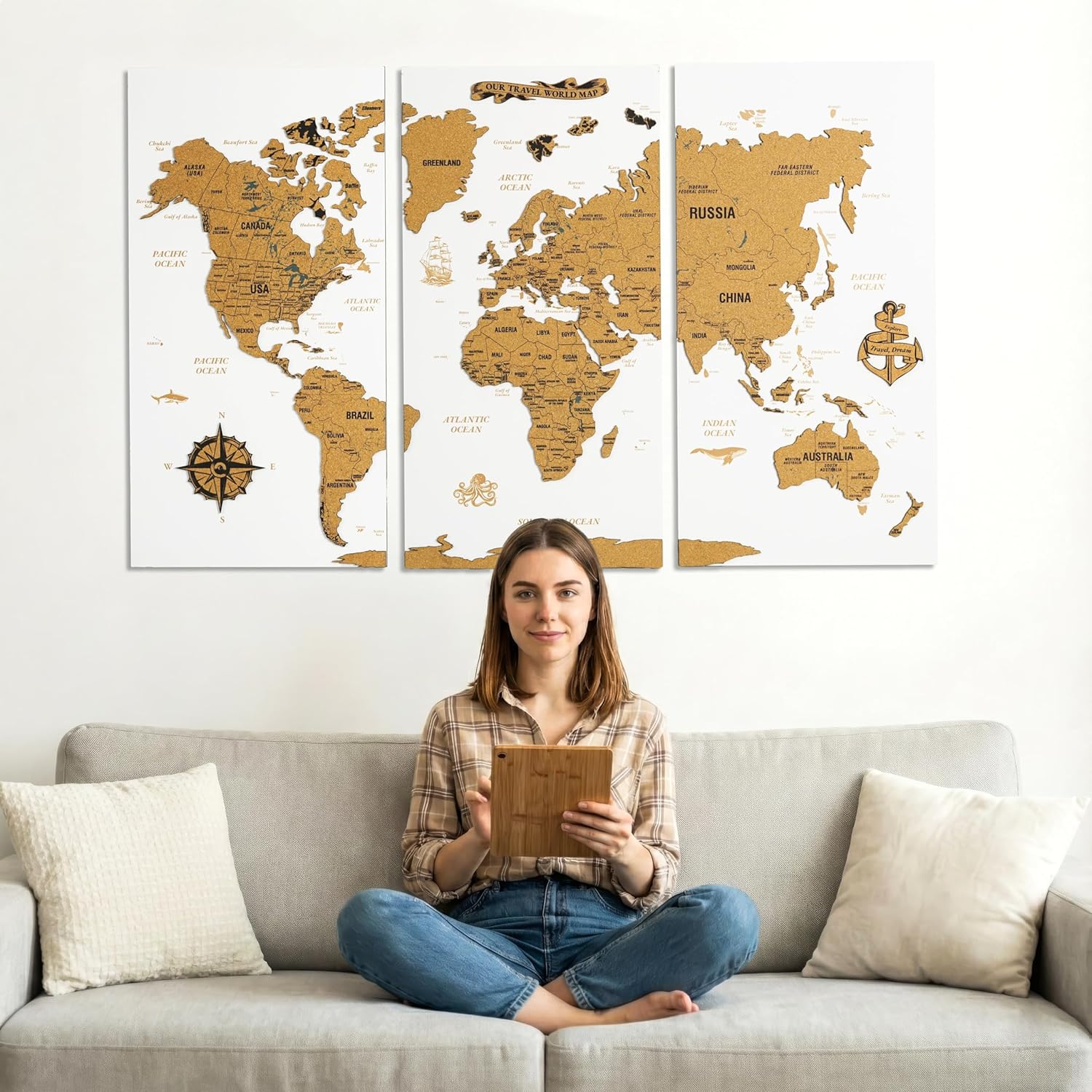 Colorfull Worlds Unframed White Cork World Map Wall Art – 53 x 34.6 inches – 3-Piece Design – Large Geographical Map – Home Office Decor – Modern Wall Art