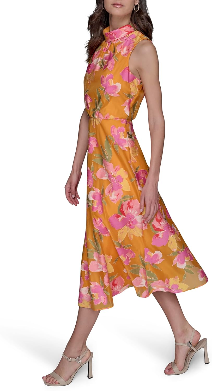 KARL LAGERFELD Womens Sleeveless Roll Neck Cinch Waist Midi Dress