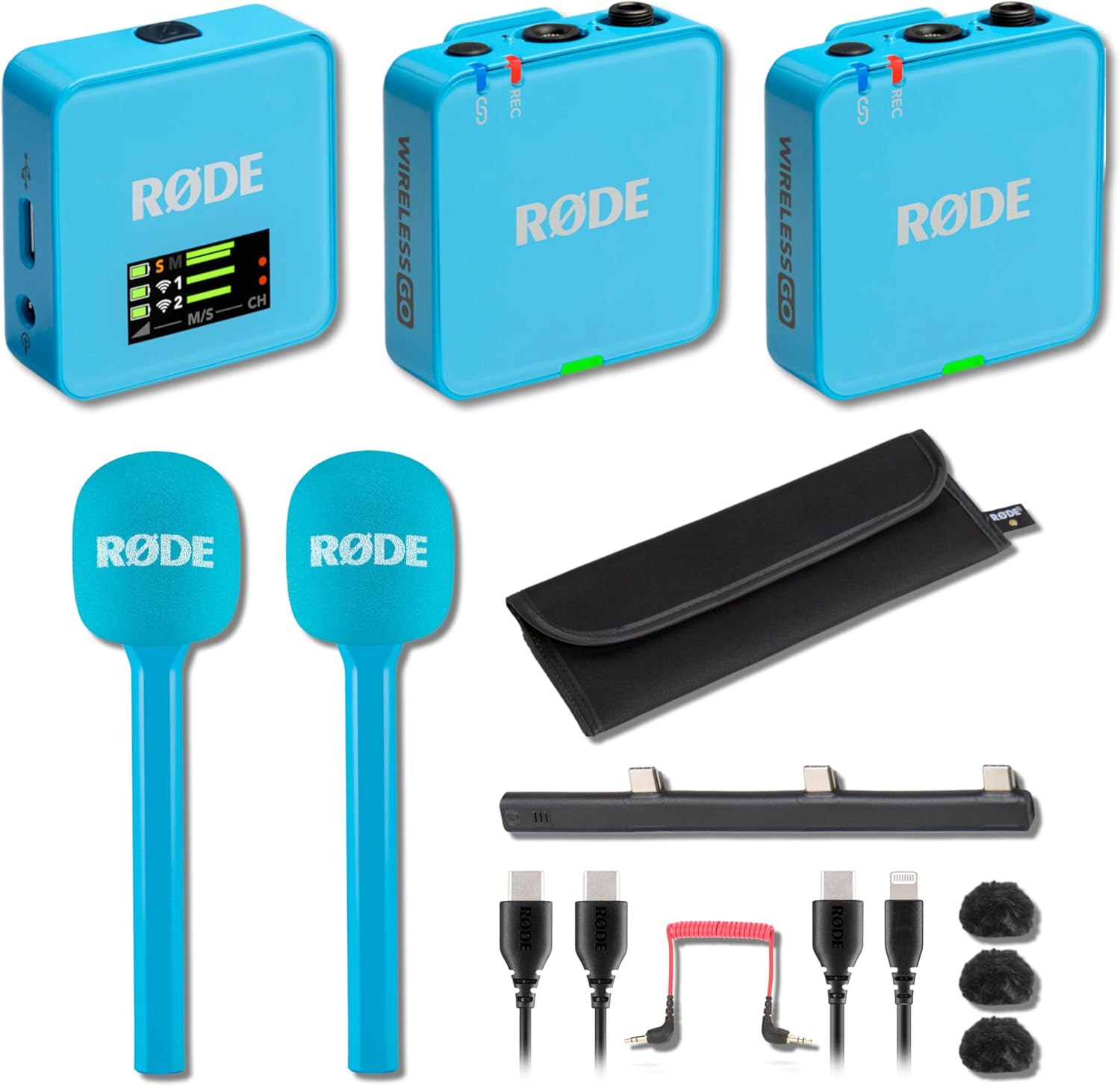 Rode Wireless GO (Gen 3) Compact Wireless Microphone System (Blue) with 2X Blue Interview GO Handheld Adapters