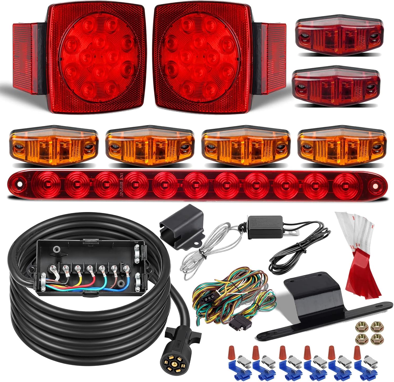 Partsam Submersible Led Truck Trailer Lights Kit with 3rd Brake Light Bar Side Markers, 7 Way Plug Inline Trailer Cord with 7 Gang Junction Box Breakaway Switch and Plug Holder