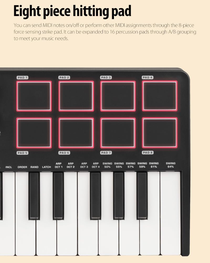 KOKKO MIDI Controller Keyboard, Mini 25 Key With 8 Backlit Drum Pads, 8 Knobs and Pitch Bend Wheel, Modulation Wheel for Music Production, Cubase LE Software Included