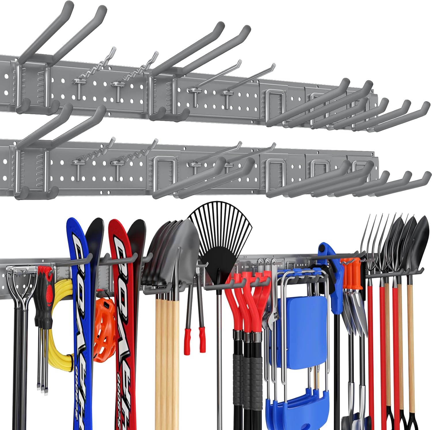 Garage Tool Organizer Wall Mount 96 inches with 18 Adjustable Heavy-Duty Hooks, Garage Organization, Garden Tool Storage Rack, Yard, and Shed, Holds Up to 750 lbs (Grey)