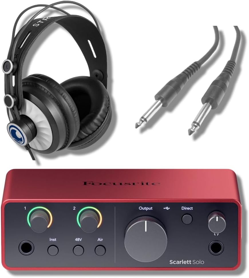 Focusrite Scarlett Solo 4G Audio Interface Recording Bundle with StreamEye Cans50 Studio Headphones and Professional Grade Instrument Cable