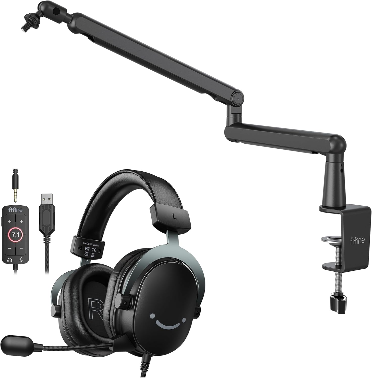 FIFINE Microphone Boom Arm & Wired Gaming Headset Set, Low Profile Adjustable Mic Arm Stand with Desk Mount & 7.1 Surround Sound Over-Ear USB Headphones for Podcast Streaming Gaming PC -BM88+H9