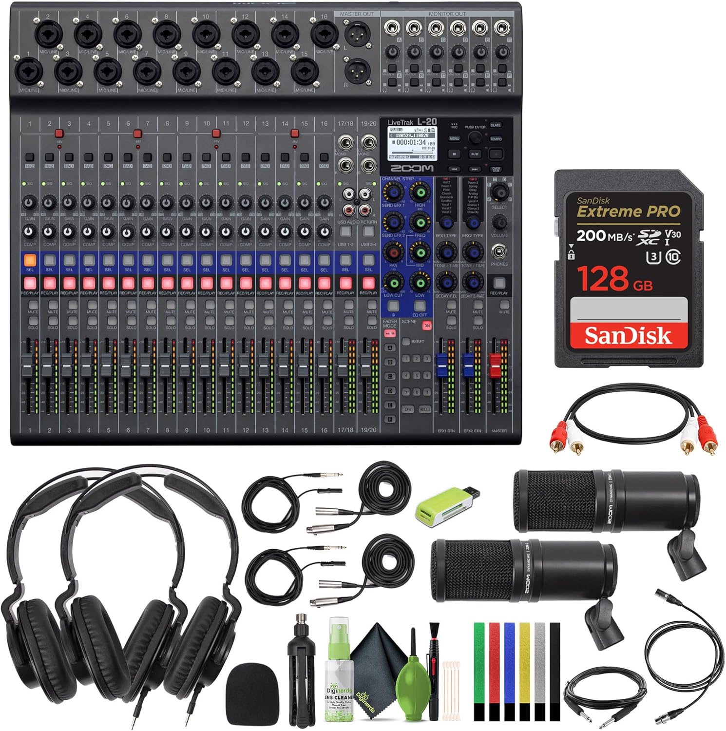 Zoom LiveTrak L-20-20-Input Digital Mixer & Multitrack Recorder + 2x Zoom ZDM-1 Podcast Mic Pack + USB Card Reader, SD/microSD + Xpix Balanced Interconnect, 1/4 inch TRS + Dual RCA Cable + More