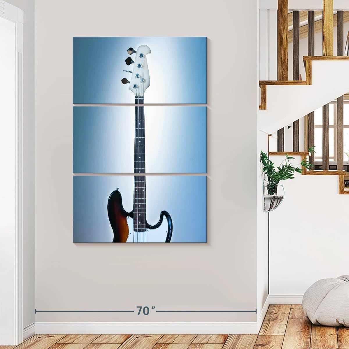 ElephantStock - Cool Bass Guitar Wall Art - Vertical Multi Panel Canvas - 3 Piece Living Room Wall Decor - Photography Music Multi Piece Wall Art - Brown And Blue Decor - 48