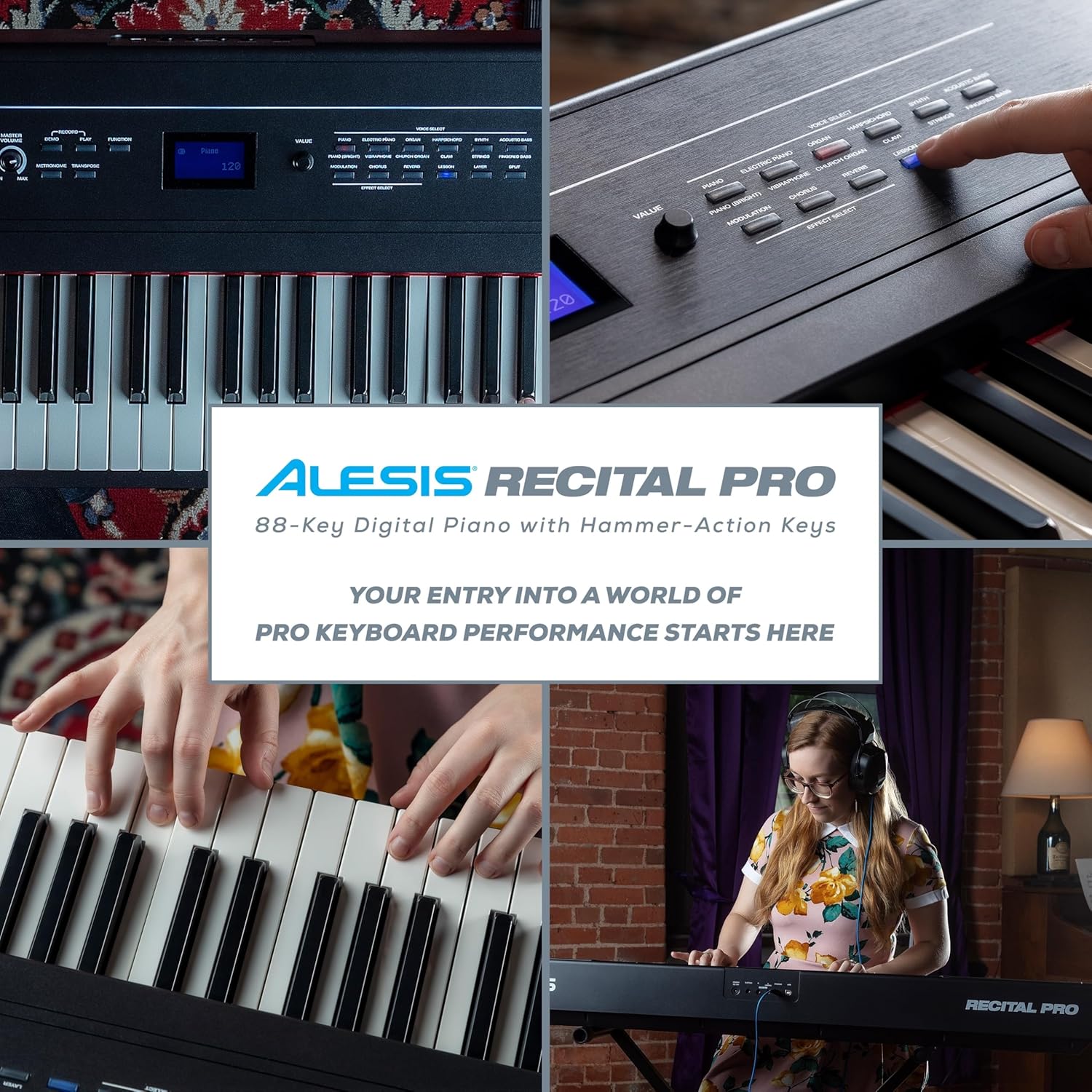 Alesis Recital Pro - 88 Key Digital Piano Keyboard with Hammer Action Weighted Keys, 2x20W Speakers, 12 Voices, Record and Lesson Mode, FX and Display
