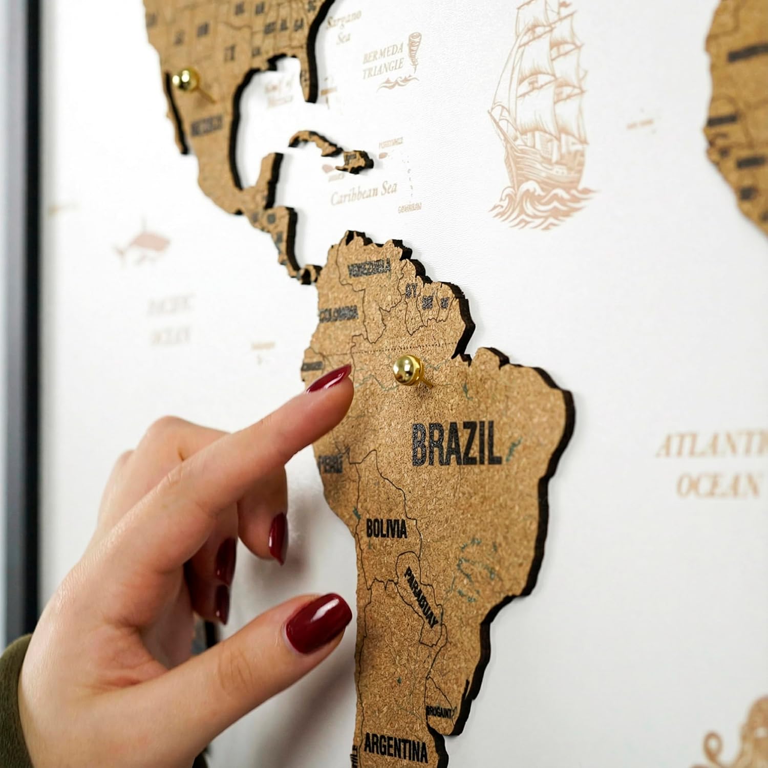 Framed White Cork World Map Wall Art – 36.6 x 24 inches – 1-Piece Design – Modern Travel Pin Board – Office & Home Decor