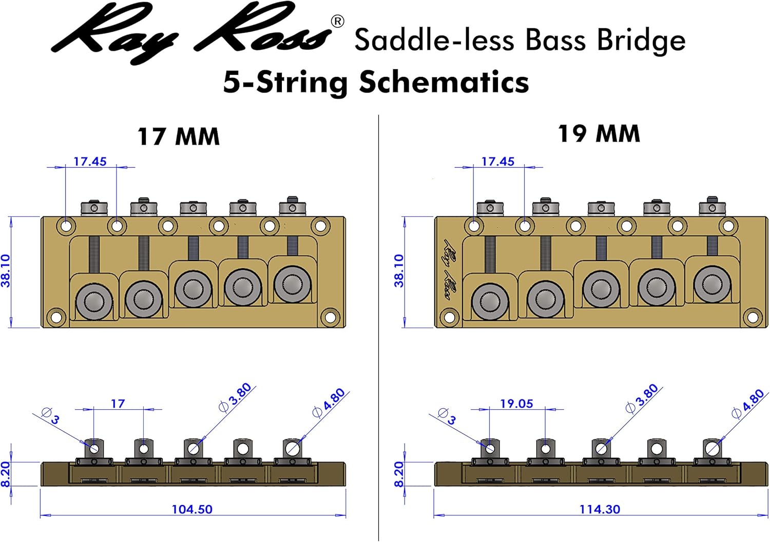 Ray Ross Saddle-Less 5-String Bass Bridge (19 mm, Black)
