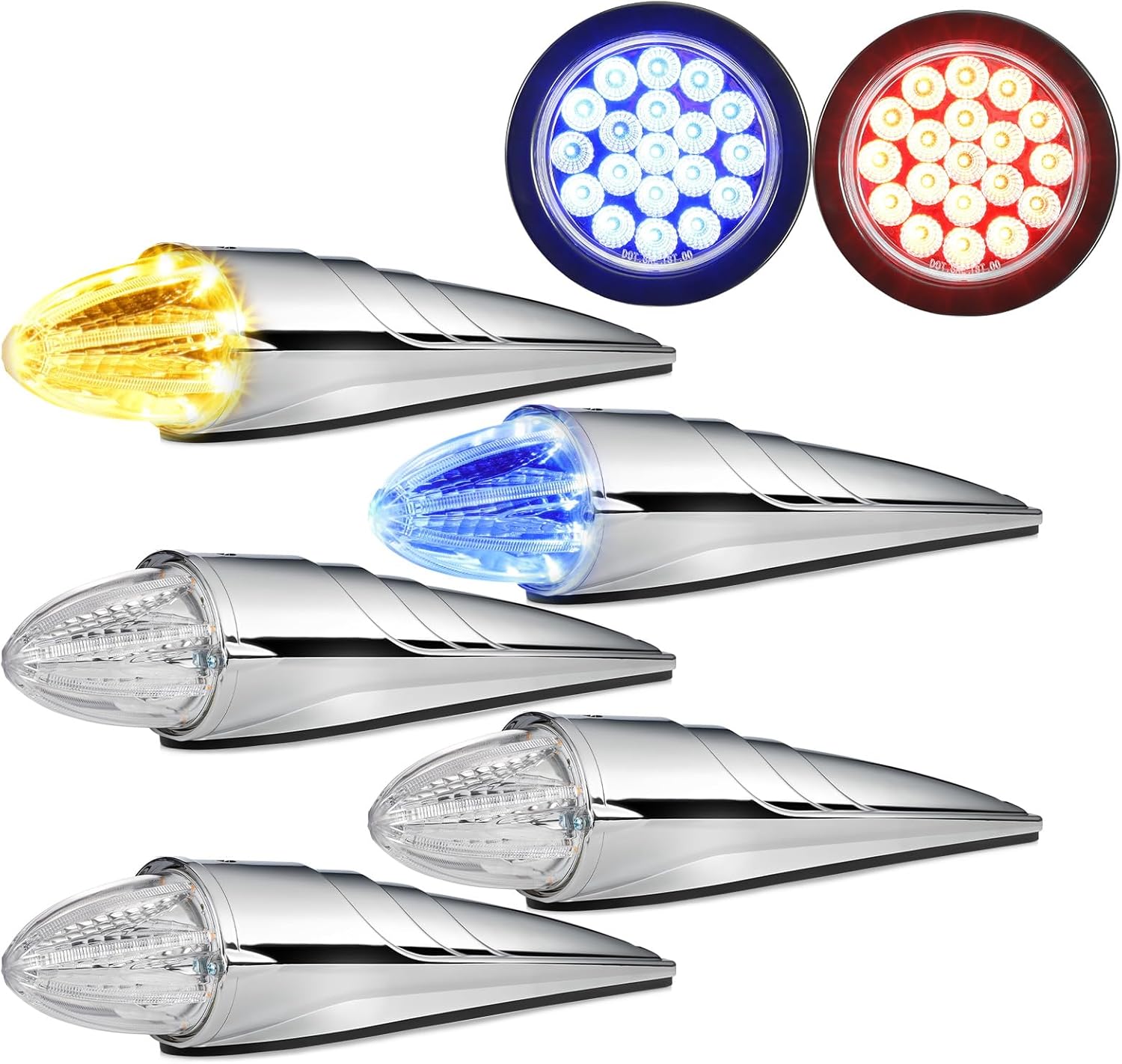 Partsam 2Pcs 4 Inch Dual Revolution Round Red Stop Turn Tail Lights+5PCS Amber/Blue Torpedo Cab Marker Lights