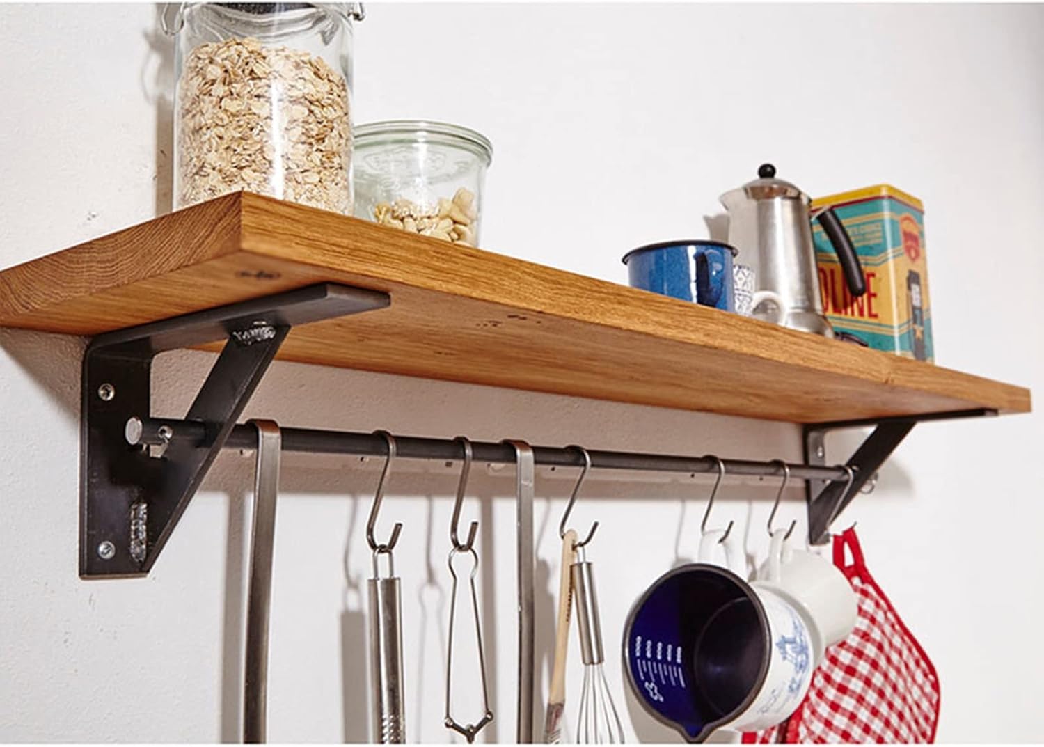 Floating Shelves for Kitchen Spice Storage Hanging Pot & Pan Rack,Wood Wall Mount Shelf with Rails and Hooks, for Bedroom, Living Room, Bathroom, Hanger Organizer for Utensil (Size : 60x20x ()